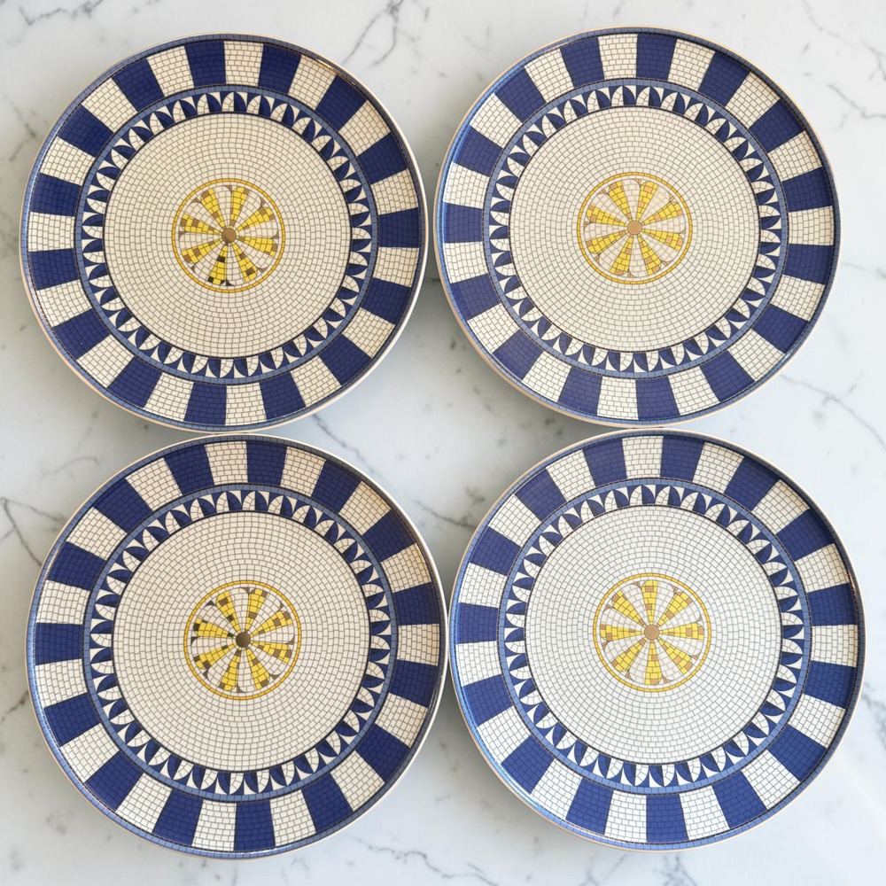 Set of 4 Anthropologie Blue Bistro Tile Dinner Plates Italia 24k Gold Accent 10"